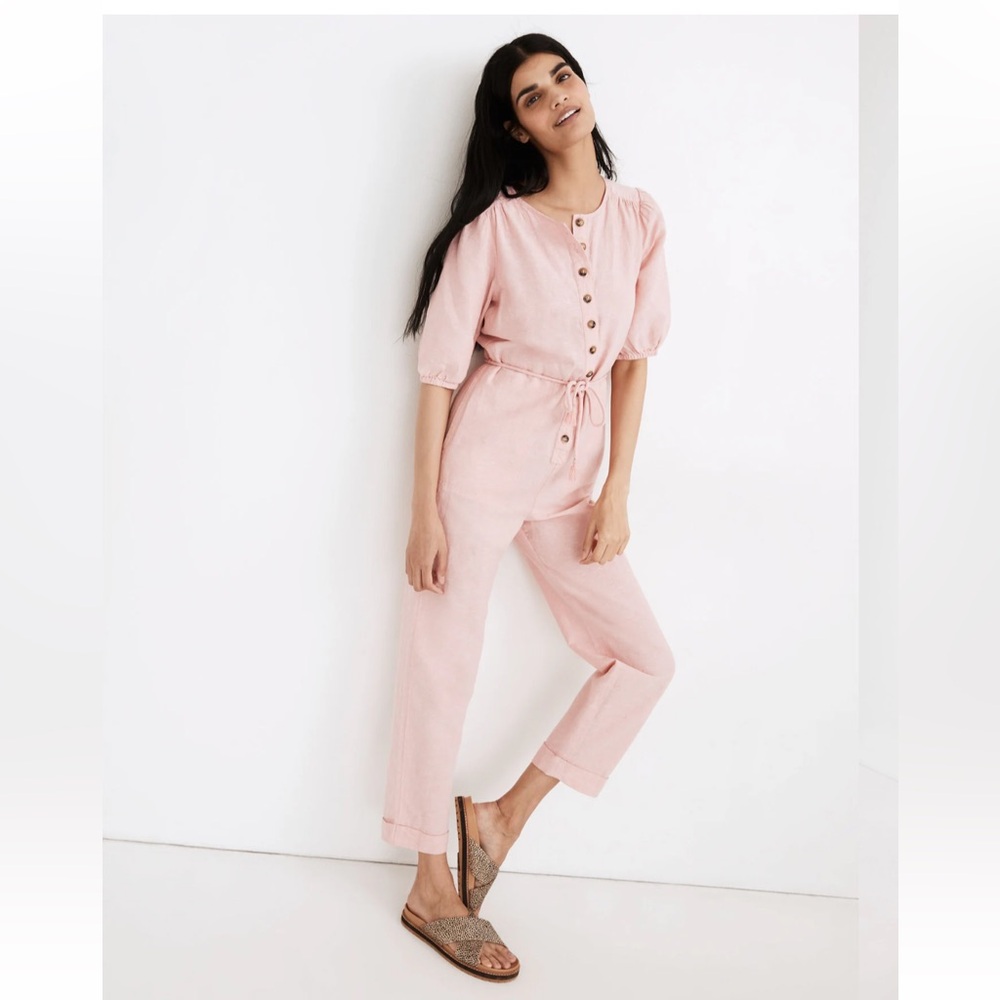 Madewell Linen-Blend Puff-Sleeve Tassel-Tie Jumpsuit Button-Front